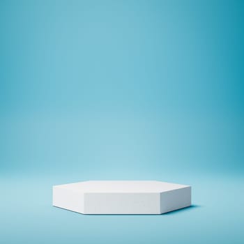 Empty Hexagonal White Stucco Product Display Podium on Blue Background. 3D Rendering Illustration