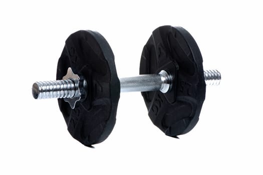 Metal dumbbell with black pancakes and chrome fingerboard on a white insulated background. High quality photo