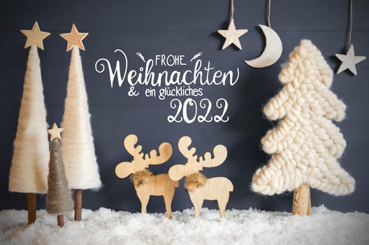 German Calligraphy Frohe Weihnachten Und Ein Glueckliches 2022 Means Merry Christmas And A Happy 2022 On Black Background With Snow. Christmas Trees And Moose. Moon And Stars For Night Atmosphere