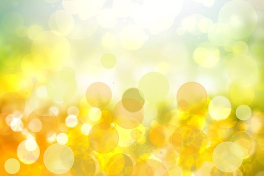 Abstract blurred fresh vivid spring summer light delicate blue yellow white bokeh background texture with bright circular soft color lights. Beautiful backdrop illustration. Space.