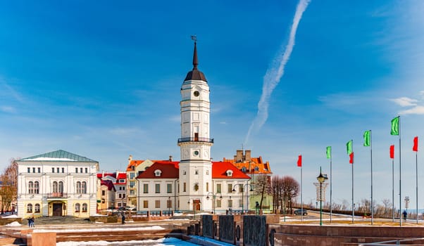 Mogilev city town hall in Belarus. Blue sky in background, panoramic view.