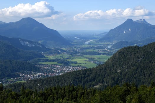 A panoramic view of the municipality of Kiefersfelden in Bavaria,Germany. The place is in the Inn valley and is the border crossing to Kufstein,Austria.
