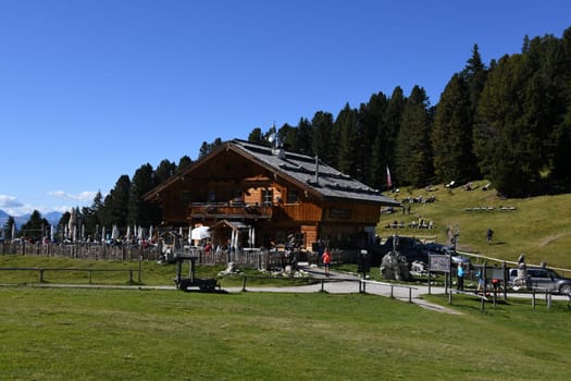 Panoramic view of the Geisleralm in the Dolomites,Funes Valley,South Tyrol,Trentino,Italy,Europe. The Alm can also be reached via the Adolf-Munkel-Weg.