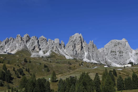Panoramic view of the Gardena Pass,Gardena Pass and the pass road in the South Tyrolean Dolomites. It connects Val Gardena in Val Badia and the municipalities of Selva,Corvara,Colfosco and Alta Badia in the Alps