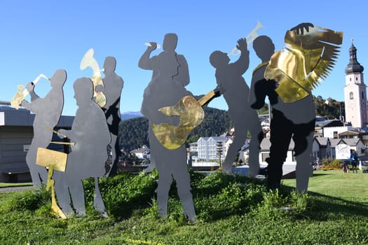 The Kastelruther Spatzen is a world-famous folk music group from the town of Kastelruth in South Tyrol,Italy. This representation of the musicians is at the entrance to the village. Castelrotto,September 24th,2021