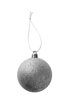 Silver christmas ball with glitter hanging on silver string isolated on white background