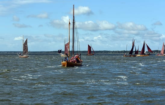 Zeesboat,regatta in the lagoon landscape in Mecklenburg-Western Pomerania.