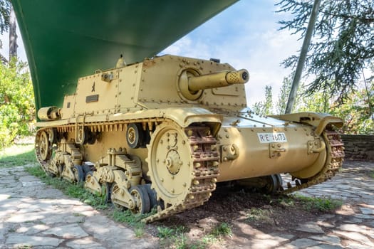 Italian self-propelled gun Semovente da 75-18 (Manufacturer FIAT-Ansaldo) of the Second World War times. Park of the "Rocca"". Bergamo, ITALY - August 19, 2020"
