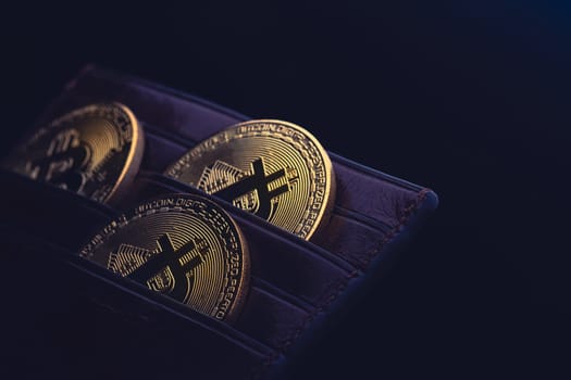 side view closeup concept of bitcoin cryptocurrency golden coins in leather black money wallet