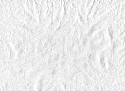 horizontal front view of crumpled white paper texture with heavy wrinkles background
