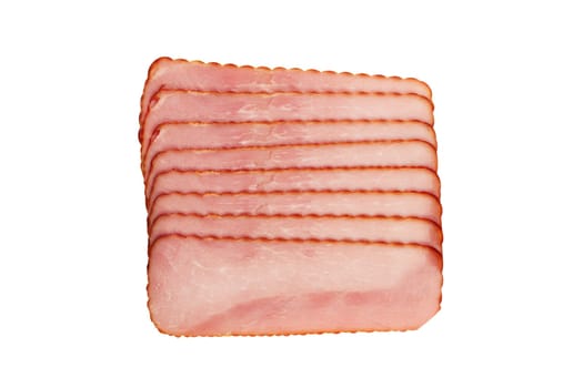 top view of rectangular square slices of smoked pork loin ham isolated on white background