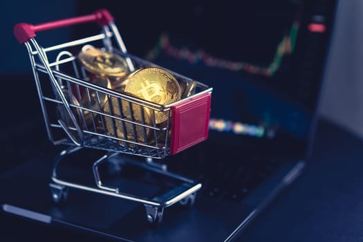 side view closeup cryptocurrency concept of market shopping cart full of bitcoin golden crypto coins standing near a notebook computer screen with trading graphics