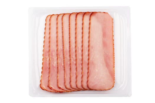 top view of rectangular square slices of smoked pork loin ham in transparent plastic packaging isolated on white background