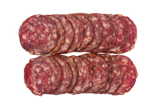 top view of two rows of round smoked salami sausages slices isolated on white background