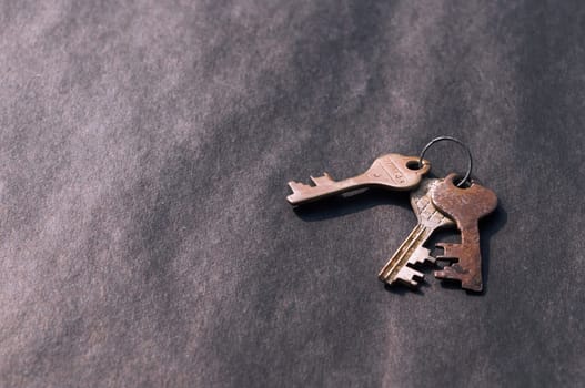 Bunch of old House Key isolated on a rustic Floor. High Angle View. Copy space room for text. Safety secure protection background concept.