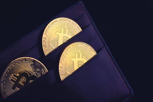 side view closeup concept of bitcoin cryptocurrency golden coins in leather black money wallet