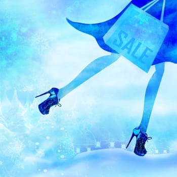 Christmas shopping - winter sale card, close-up on legs