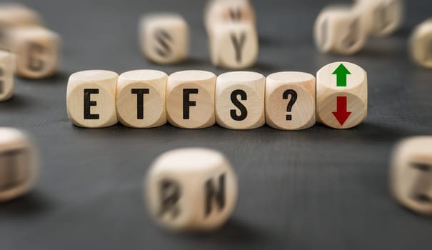 Letter dice with the word ETFs