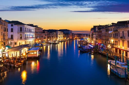 The Grand Canal at sunrise from Rialto Bridge, Venice, Italy.