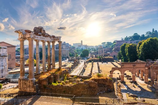 View on the Roman Forum ruins at sunny day, Rome, Italy.