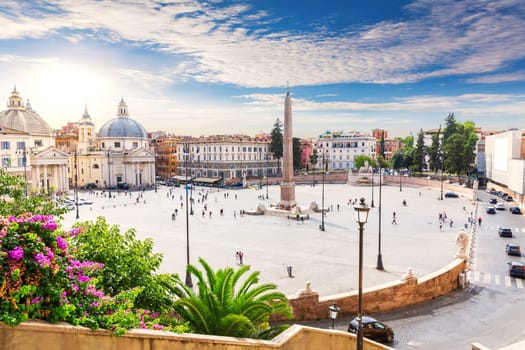 View on Piazza del Popolo with the Egyptian Obelisk, fountains and Twin Churches, Rome, Italy.