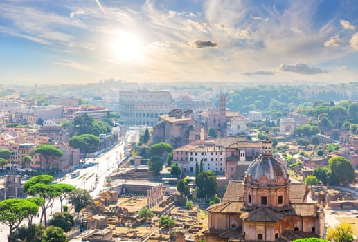 Santa Francesca Romana Basilica and the Roman Forum ruins, Rome, Italy.
