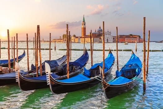 Gondolas and St. George Monastery in the background, Venice, Italy.