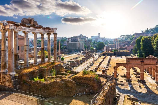 Mysterious Roman Forum ruins at sunset, Rome, Italy.