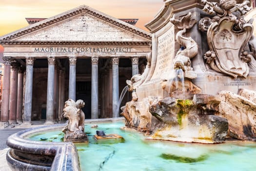 The Fountain with obelisk and The Pantheon in the Rotonda Square, Rome, Italy.