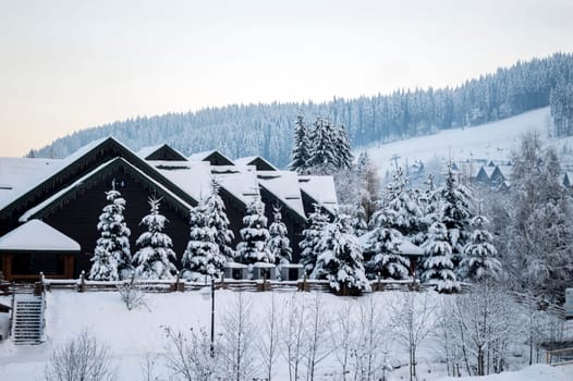 beautiful winter street Bukovel, the theme of mountain sports, skiing, Bukovel, Carpathian, mountains Ukraine, new year, Christmas, holidays