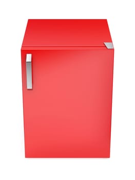 Red small fridge on white background, front view