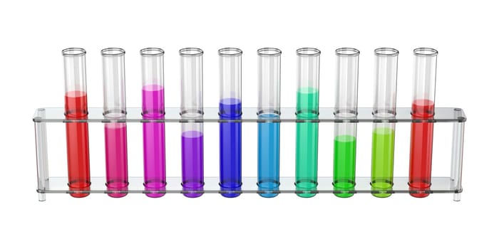 Test tubes with colorful liquids in a rack on white background