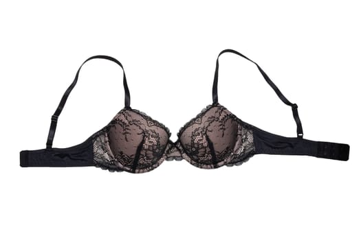 Bra isolated. Closeup of beautiful female stylish black pink bra with laces and straps isolated on a white background. Fashionable sexy women underwear.