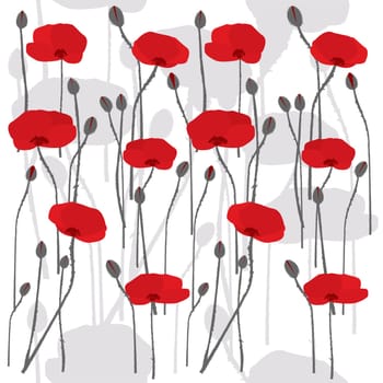 Seamless pattern with hand drawn stylized poppies on white background