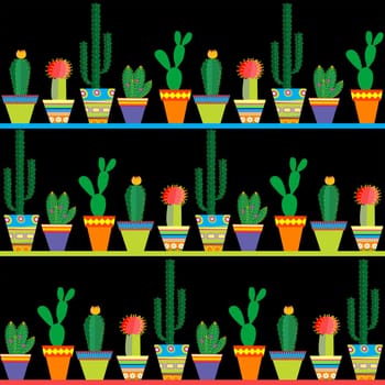 Seamless pattern with rows of different cactus over black background