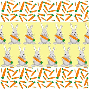 Rabbits and carrots seamless pattern on yellow background