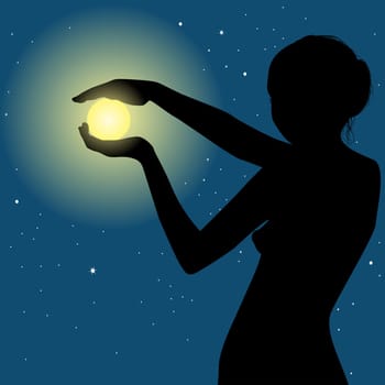 Silhouette of a beautiful woman holding the moon in her hands