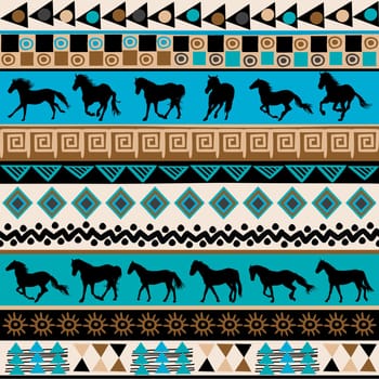 Tribal ethnic pattern with horses silhouettes and traditional symbols
