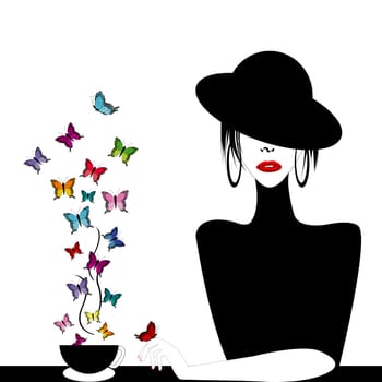 Woman with a cup of buterflies flying