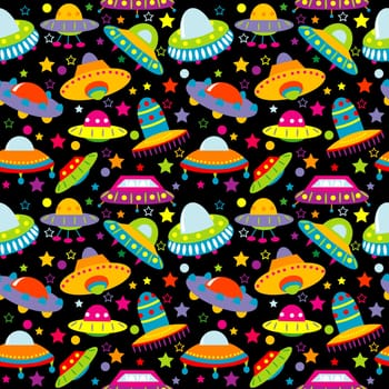 Colorful background of UFO cartoon seamless pattern