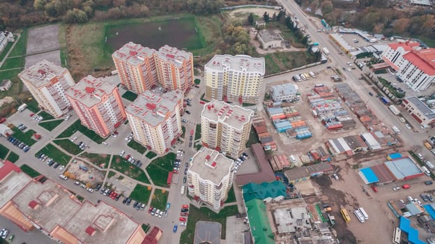 Aerial Drone View of New Microdistrict in the Town