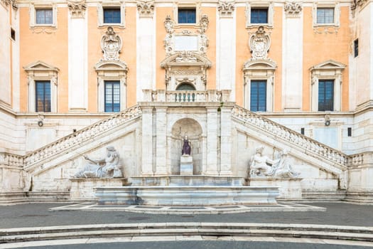 Rome, Italy. View of the staircase of the Palazzo Senatorio, a Renaissance masterpiece. Its double ramp of stairs were designed by Michelangelo as part of the Piazza del Campidoglio project.