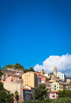 VENTIMIGLIA, ITALY - CIRCA AUGUST 2020: panarama of Ventimiglia old village in Liguria Region, sunny day with blue sky