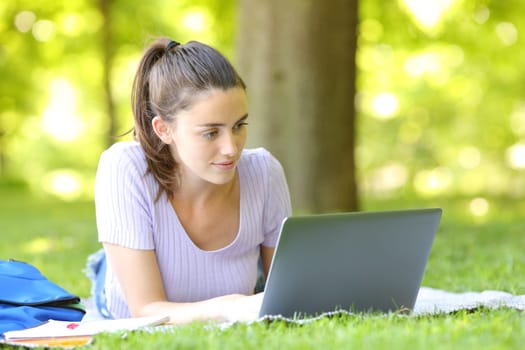 Student e-learning checking laptop lying in a park