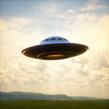 3D illustration of an UFO, unidentified flying object, gravitating over the mountain ranges.