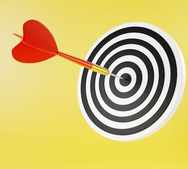 Dart arrow hitting to center on bullseye (bull's-eye) dartboard is target of purpose challenge business on yellow background, expert marketing strategy target, objective goal success, 3D rendering