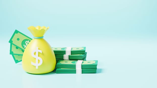 Money bag with stack dollar banknote icon, moneybag savings money or cash sack on blue background, finance earnings profit, 3D rendering illustration