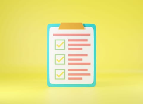 Clipboard checklist, survey paper list check marks report document on yellow background, sign symbol web site design icon, 3D rendering illustration