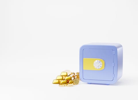 Security metal safe bank save vault deposit box with coins money and gold bar, money locker safe front view isolated on white background, wallet security finance icon concept, 3D rendering illustration
