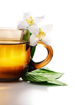 Cup of jasmine tea with white background